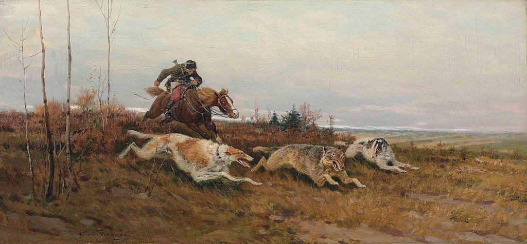 polowanie na wilki z rosyjskim chartem. Artysta Jewgienij Aleksandrowicz Tichmenew (1869-1934)